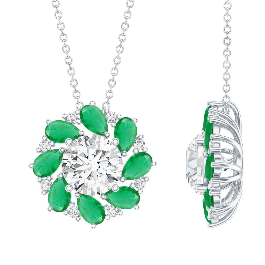 Lab Grown Diamond Necklace – Emerald Bridal Statement Jewelry with Floral Pendant