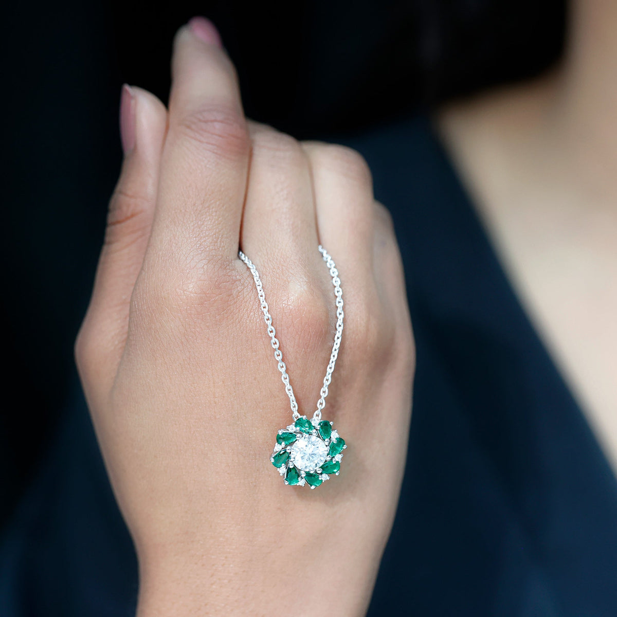 Lab Grown Diamond Necklace – Emerald Bridal Statement Jewelry with Floral Pendant