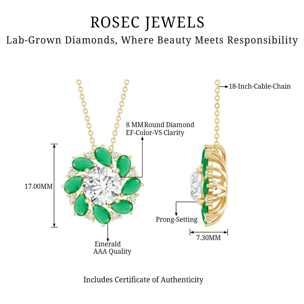 Lab Grown Diamond Necklace – Emerald Bridal Statement Jewelry with Floral Pendant