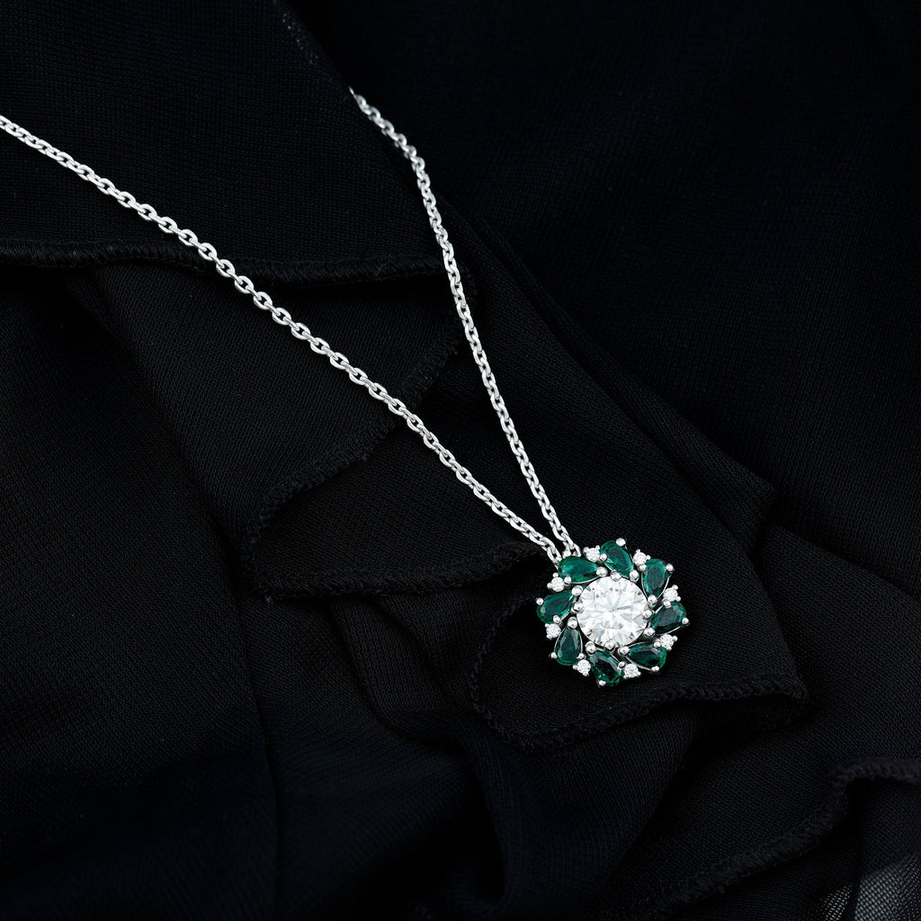 Lab Grown Diamond Necklace – Emerald Bridal Statement Jewelry with Floral Pendant