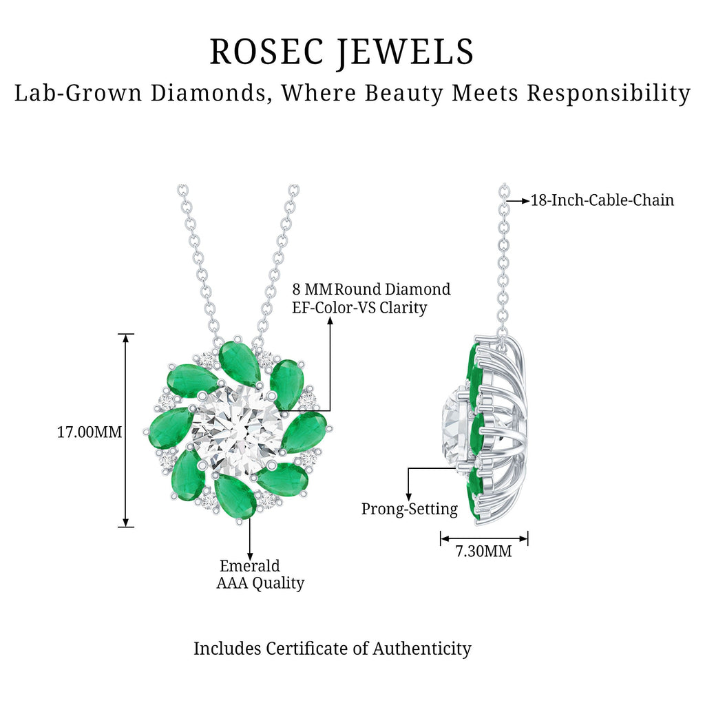 Lab Grown Diamond Necklace – Emerald Bridal Statement Jewelry with Floral Pendant