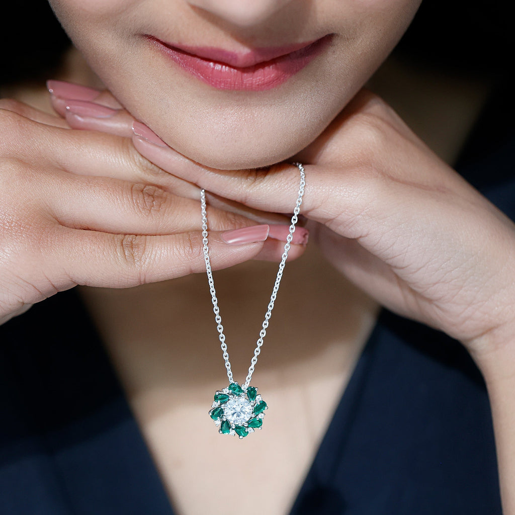 Lab Grown Diamond Necklace – Emerald Bridal Statement Jewelry with Floral Pendant