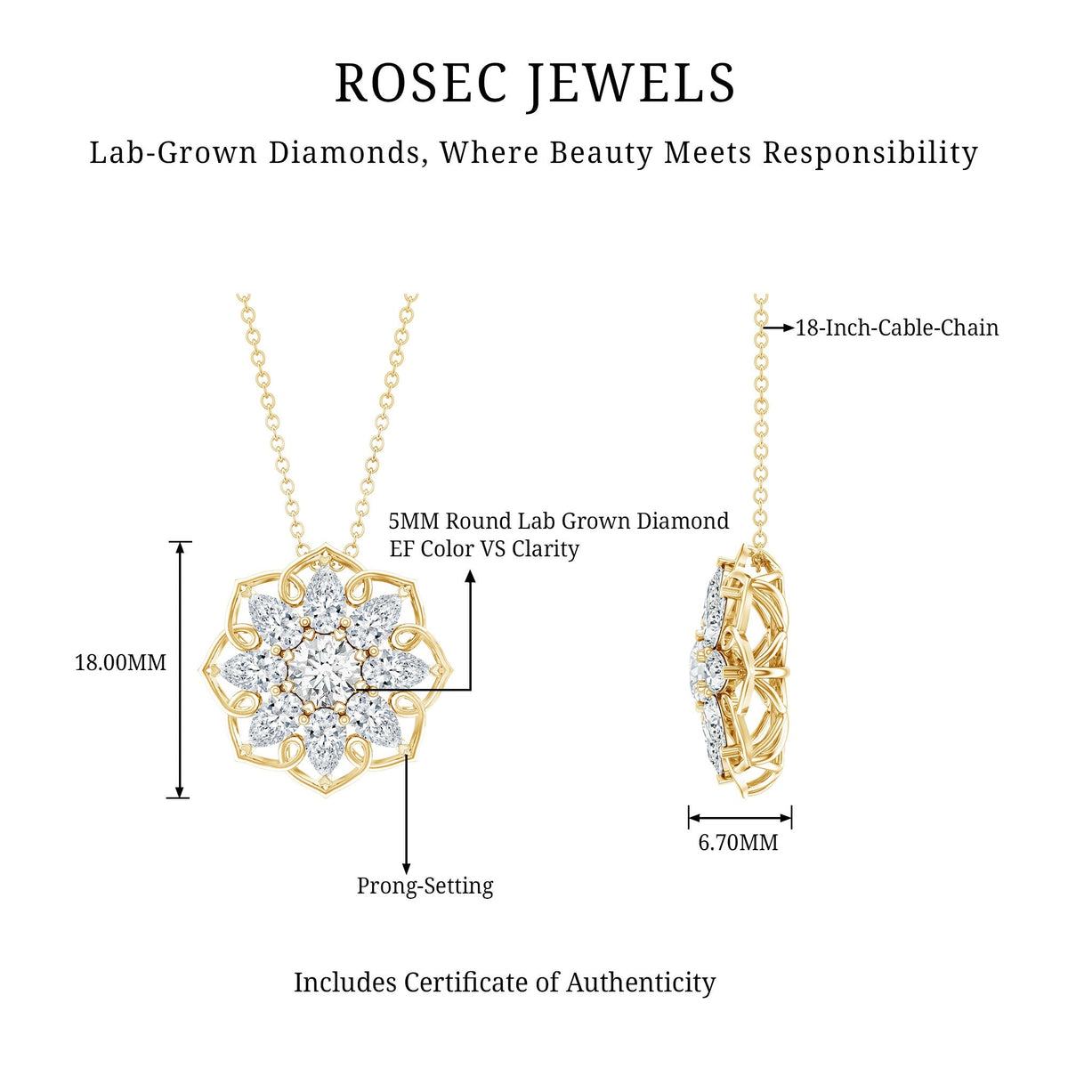 Lab Grown Diamond Necklace – Flower Statement Pendant With Pear Shaped Halo