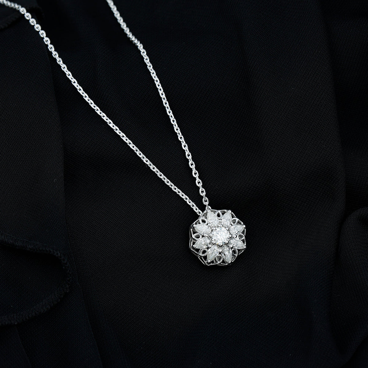 Lab Grown Diamond Necklace – Flower Statement Pendant With Pear Shaped Halo