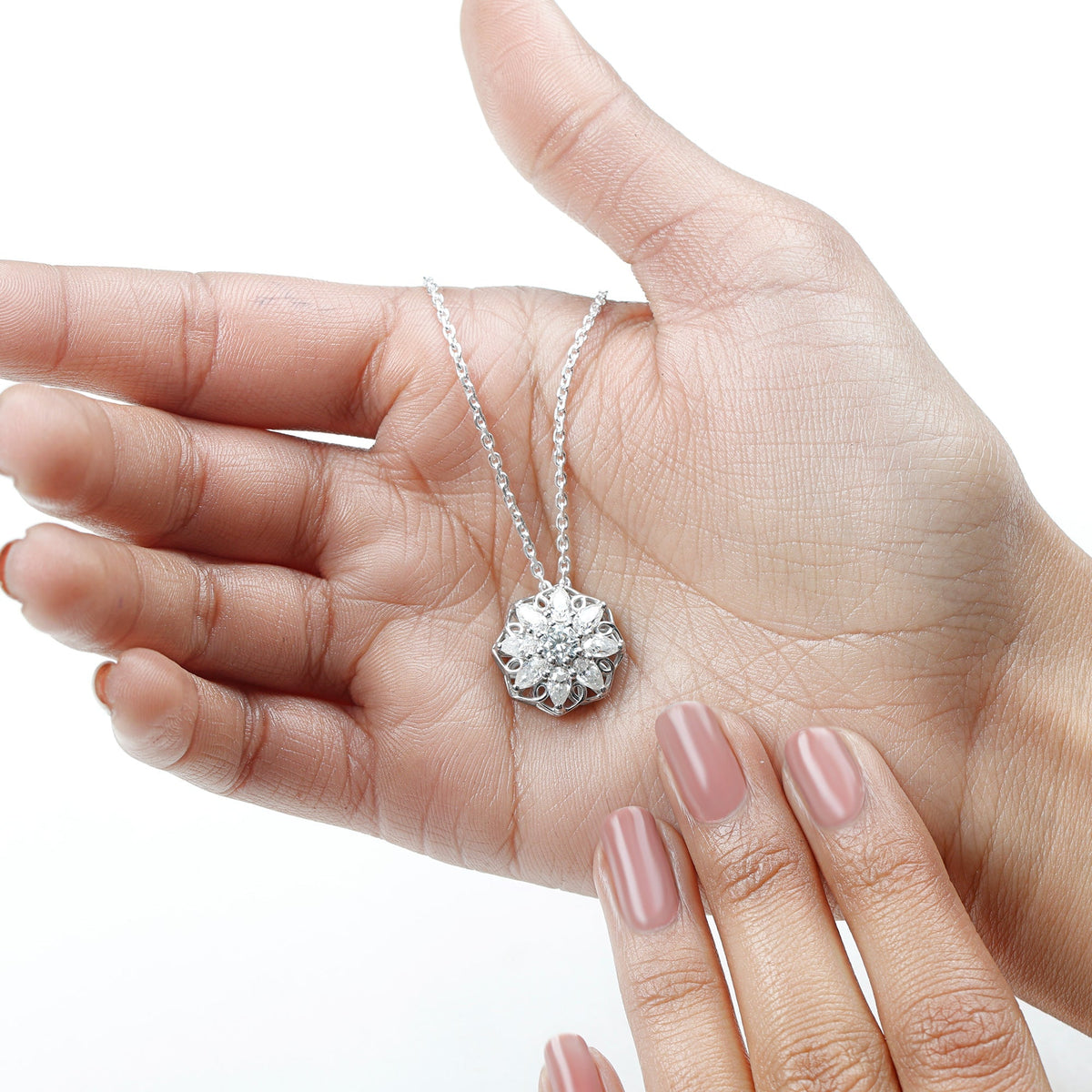 Lab Grown Diamond Necklace – Flower Statement Pendant With Pear Shaped Halo