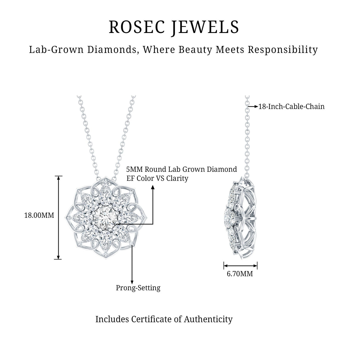 Lab Grown Diamond Necklace – Flower Statement Pendant With Pear Shaped Halo