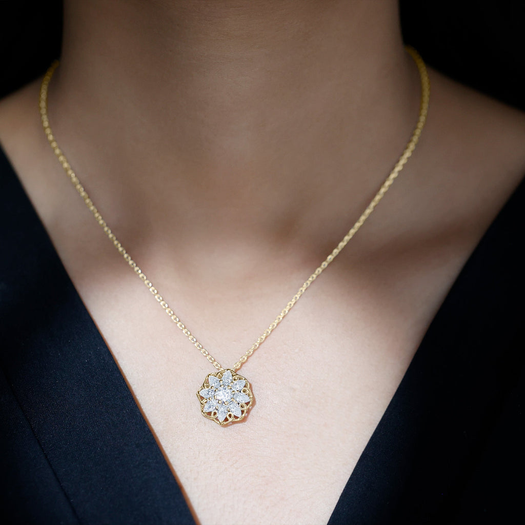 Lab Grown Diamond Necklace – Flower Statement Pendant With Pear Shaped Halo