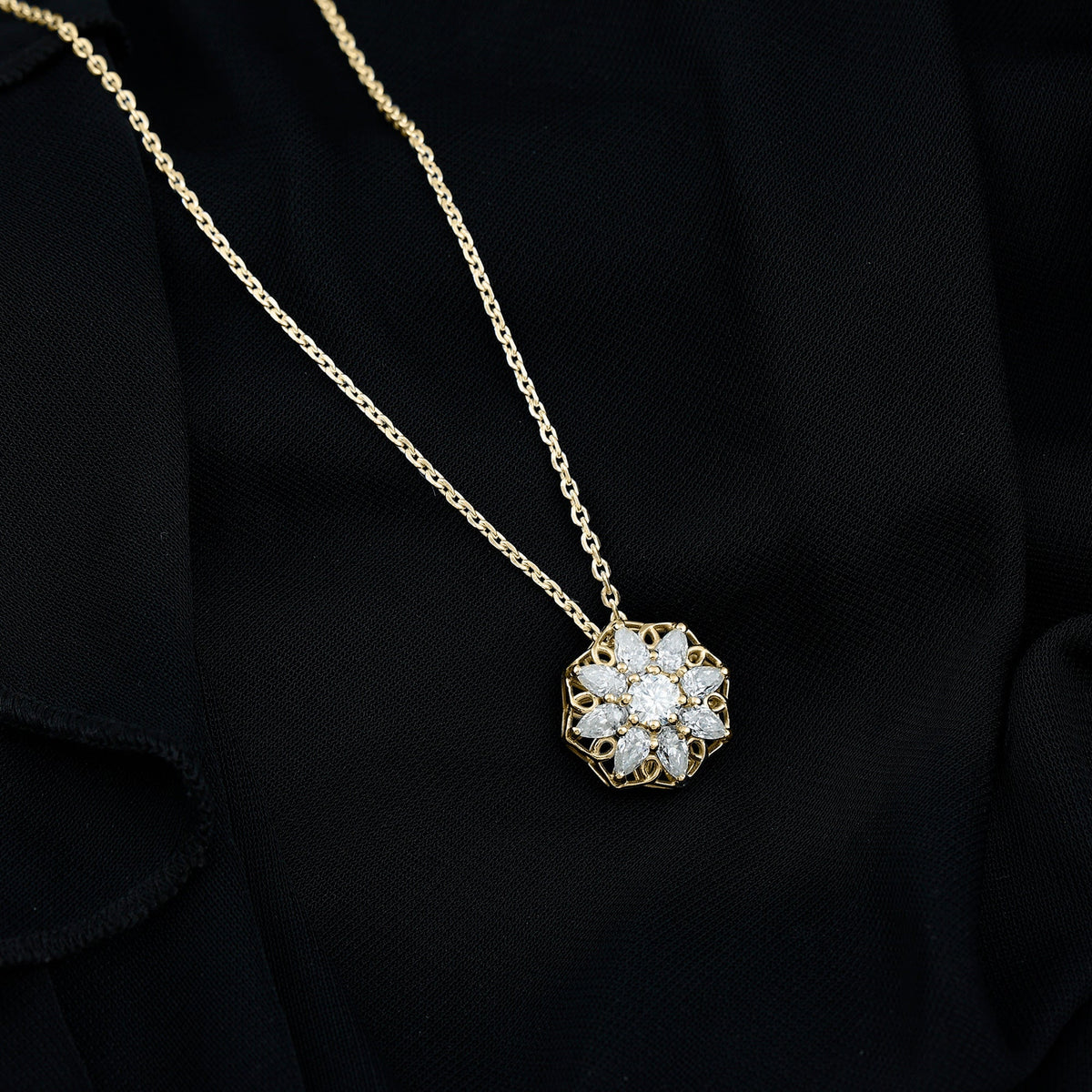 Lab Grown Diamond Necklace – Flower Statement Pendant With Pear Shaped Halo