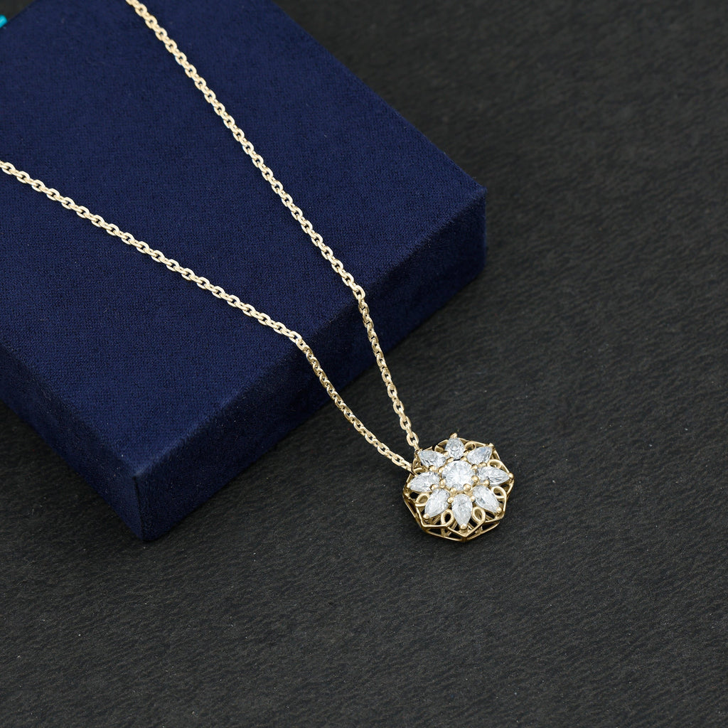 Lab Grown Diamond Necklace – Flower Statement Pendant With Pear Shaped Halo