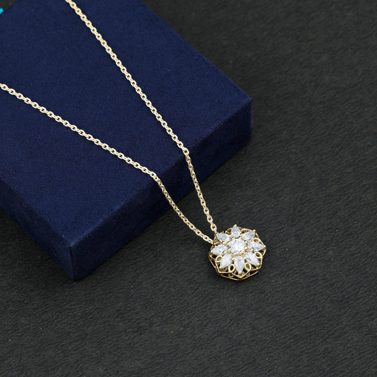Lab Grown Diamond Necklace – Flower Statement Pendant With Pear Shaped Halo