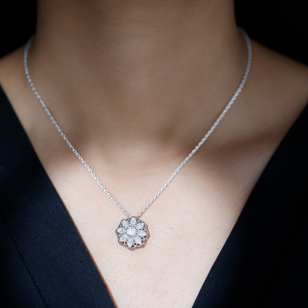 Lab Grown Diamond Necklace – Flower Statement Pendant With Pear Shaped Halo