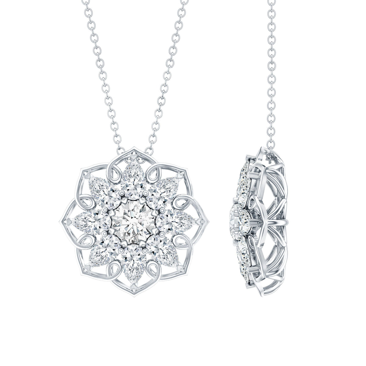 Lab Grown Diamond Necklace – Flower Statement Pendant With Pear Shaped Halo