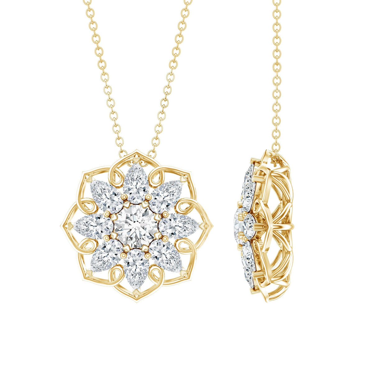 Lab Grown Diamond Necklace – Flower Statement Pendant With Pear Shaped Halo
