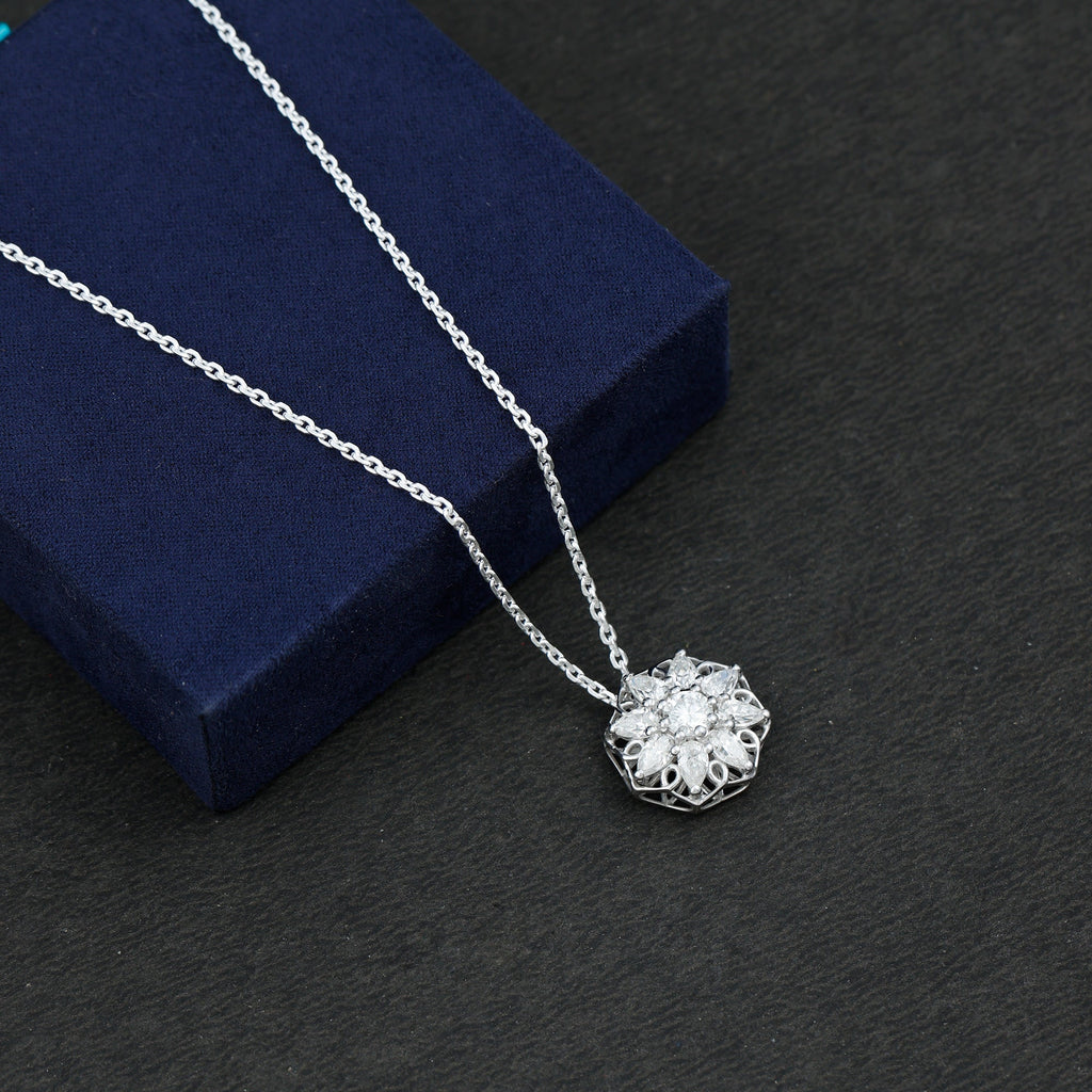 Lab Grown Diamond Necklace – Flower Statement Pendant With Pear Shaped Halo