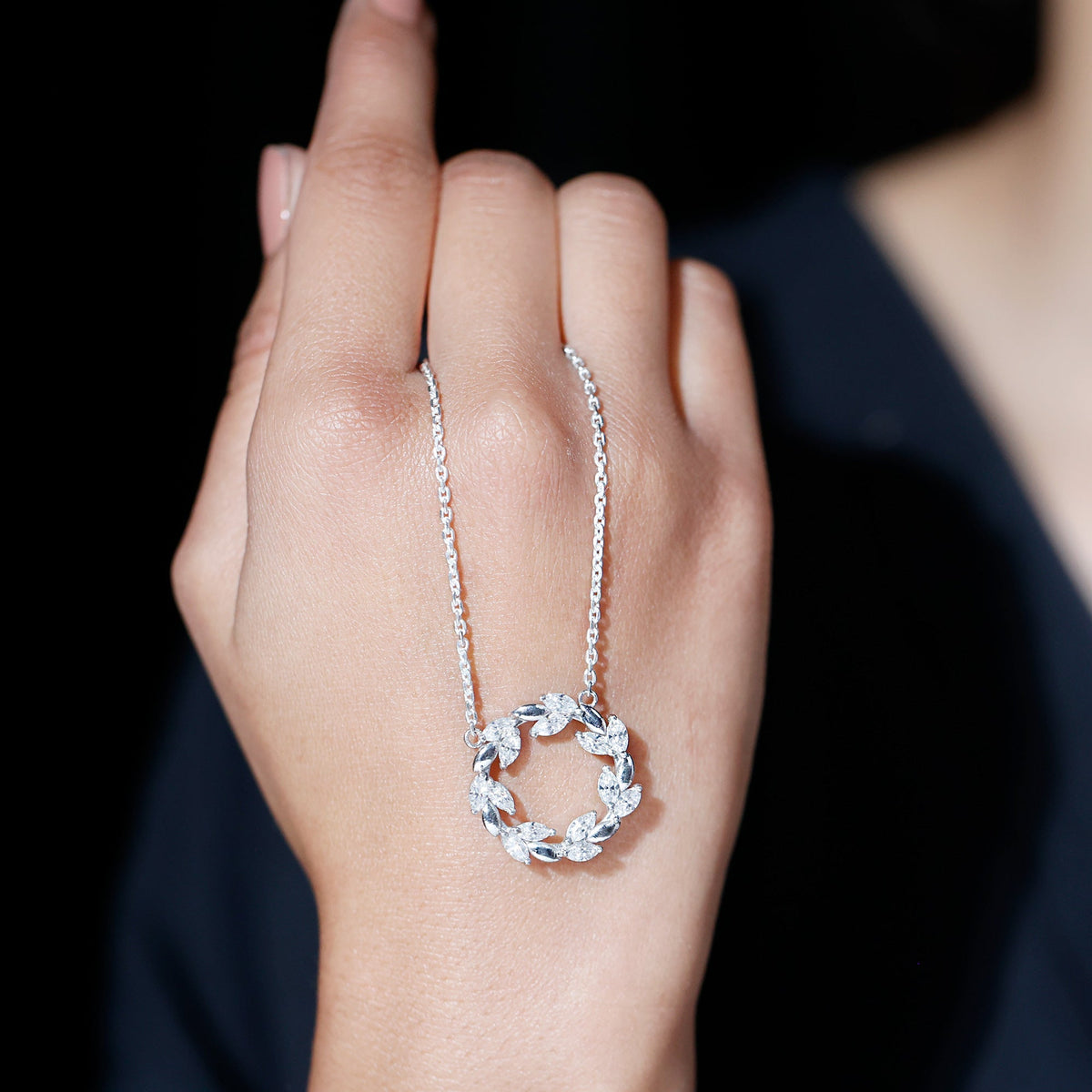 Lab Grown Diamond Necklace – Nature Inspired Circle Pendant With Marquise Diamonds