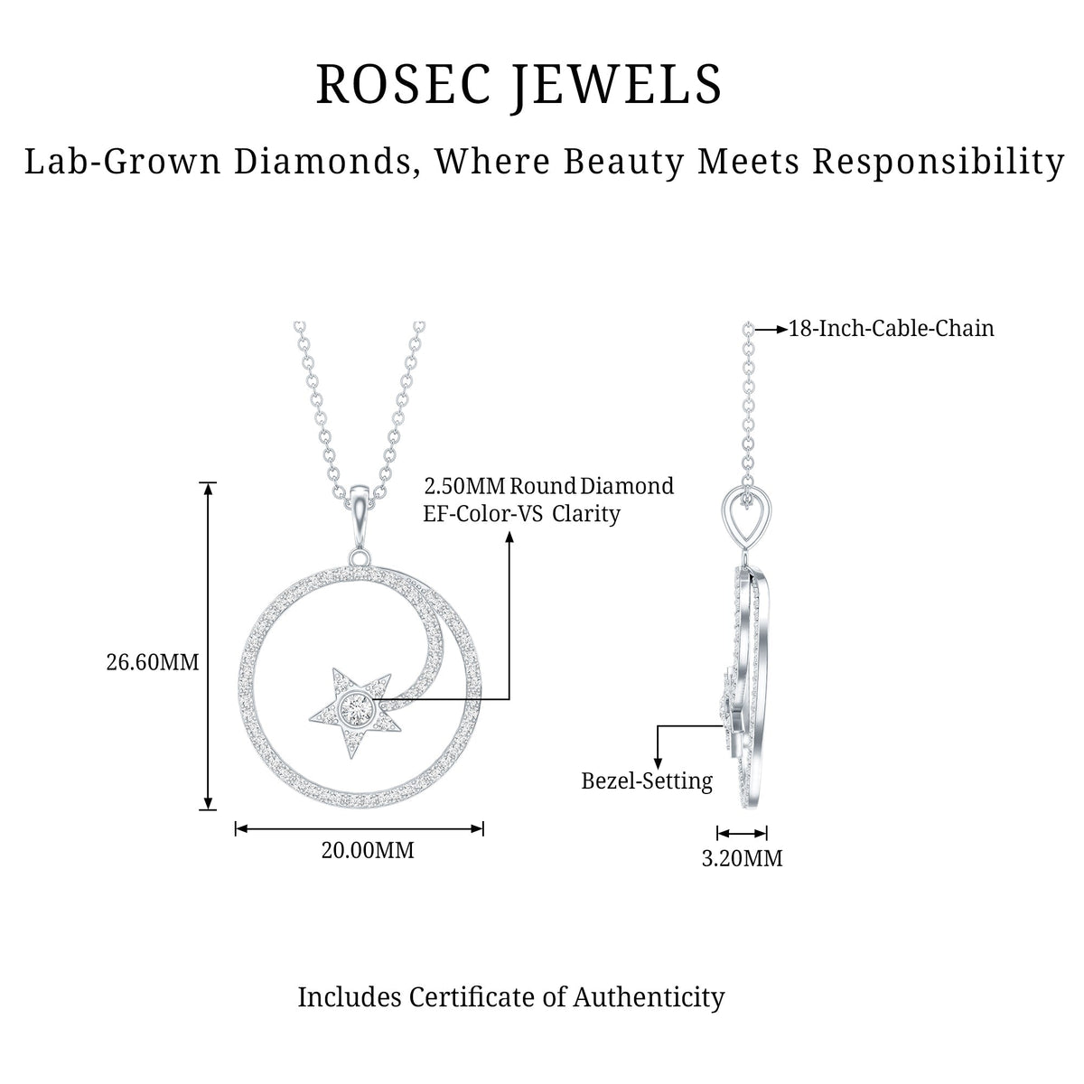 Lab Grown Diamond Necklace – Open Circle Star Pendant With Bezel Setting