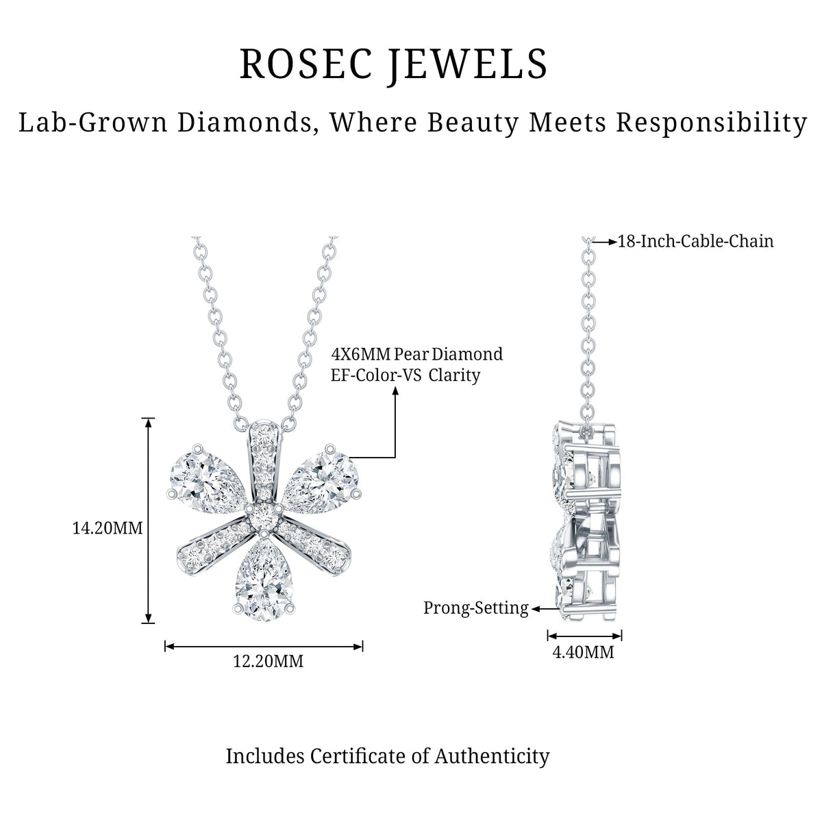 Lab Grown Diamond Necklace – Pear Shape Diamond Flower Pendant with Prong Setting