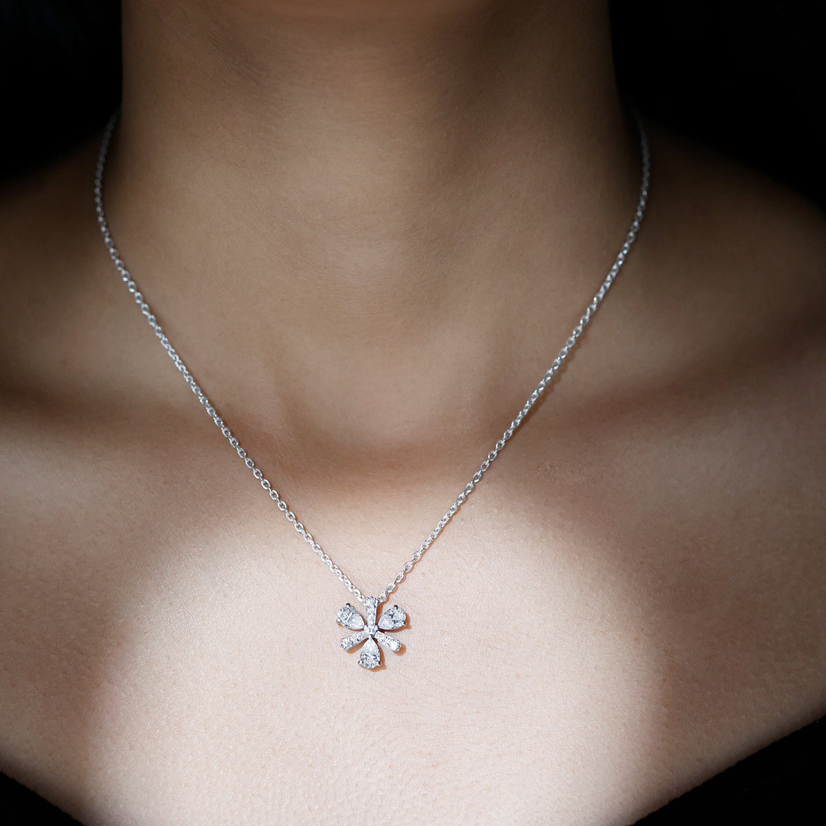 Lab Grown Diamond Necklace – Pear Shape Diamond Flower Pendant with Prong Setting