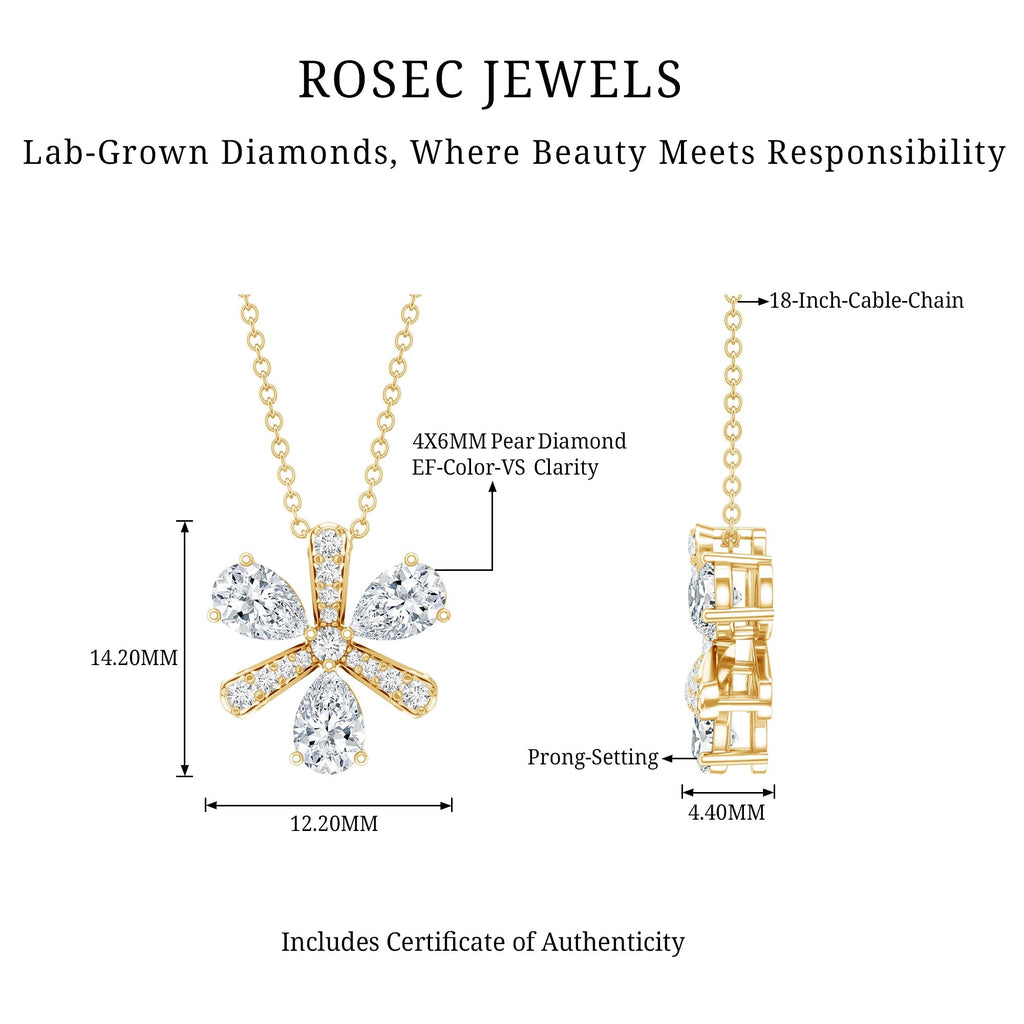 Lab Grown Diamond Necklace – Pear Shape Diamond Flower Pendant with Prong Setting