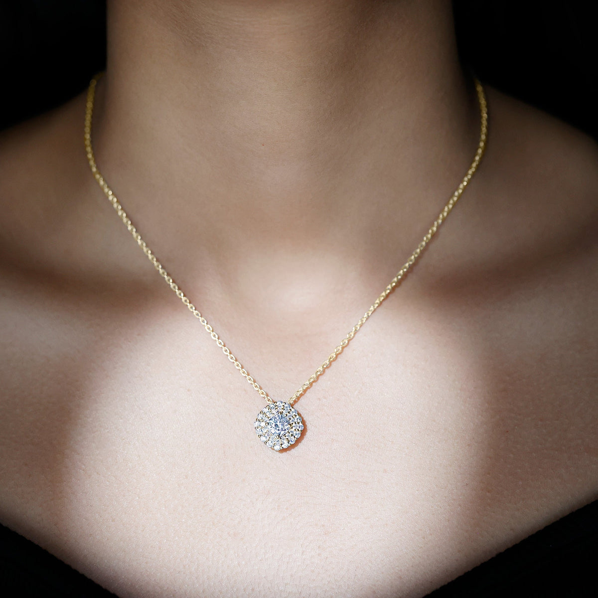 Lab Grown Diamond Necklace – Round Double Halo Bridal Pendant With Adjustable Chain