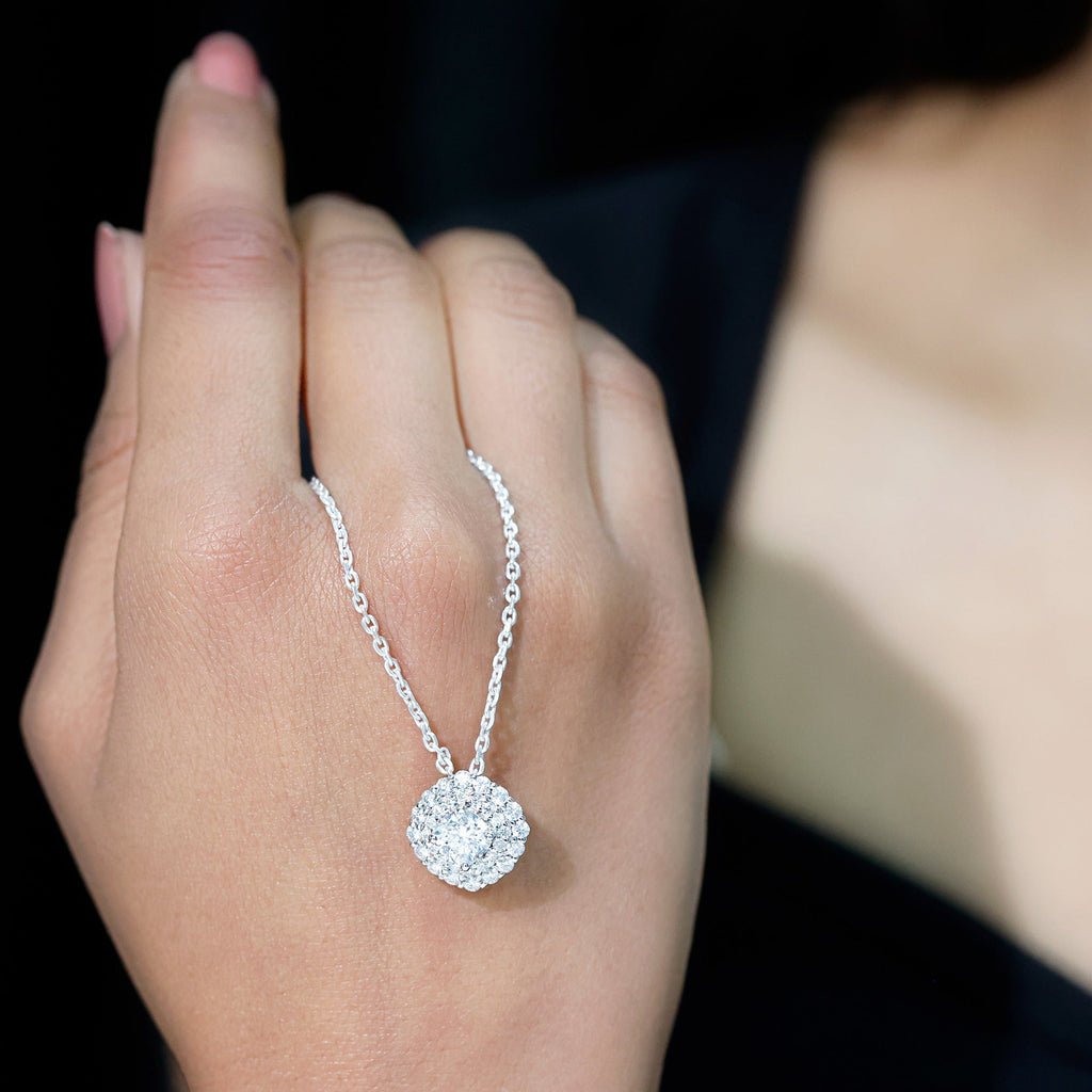 Lab Grown Diamond Necklace – Round Double Halo Bridal Pendant With Adjustable Chain