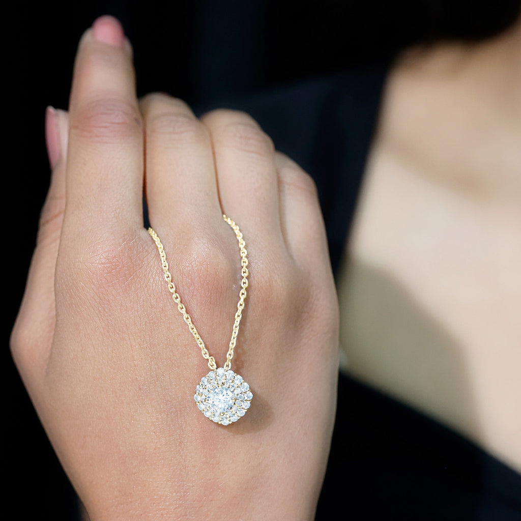 Lab Grown Diamond Necklace – Round Double Halo Bridal Pendant With Adjustable Chain