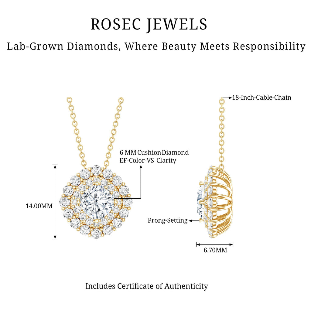 Lab Grown Diamond Necklace – Round Double Halo Bridal Pendant With Adjustable Chain