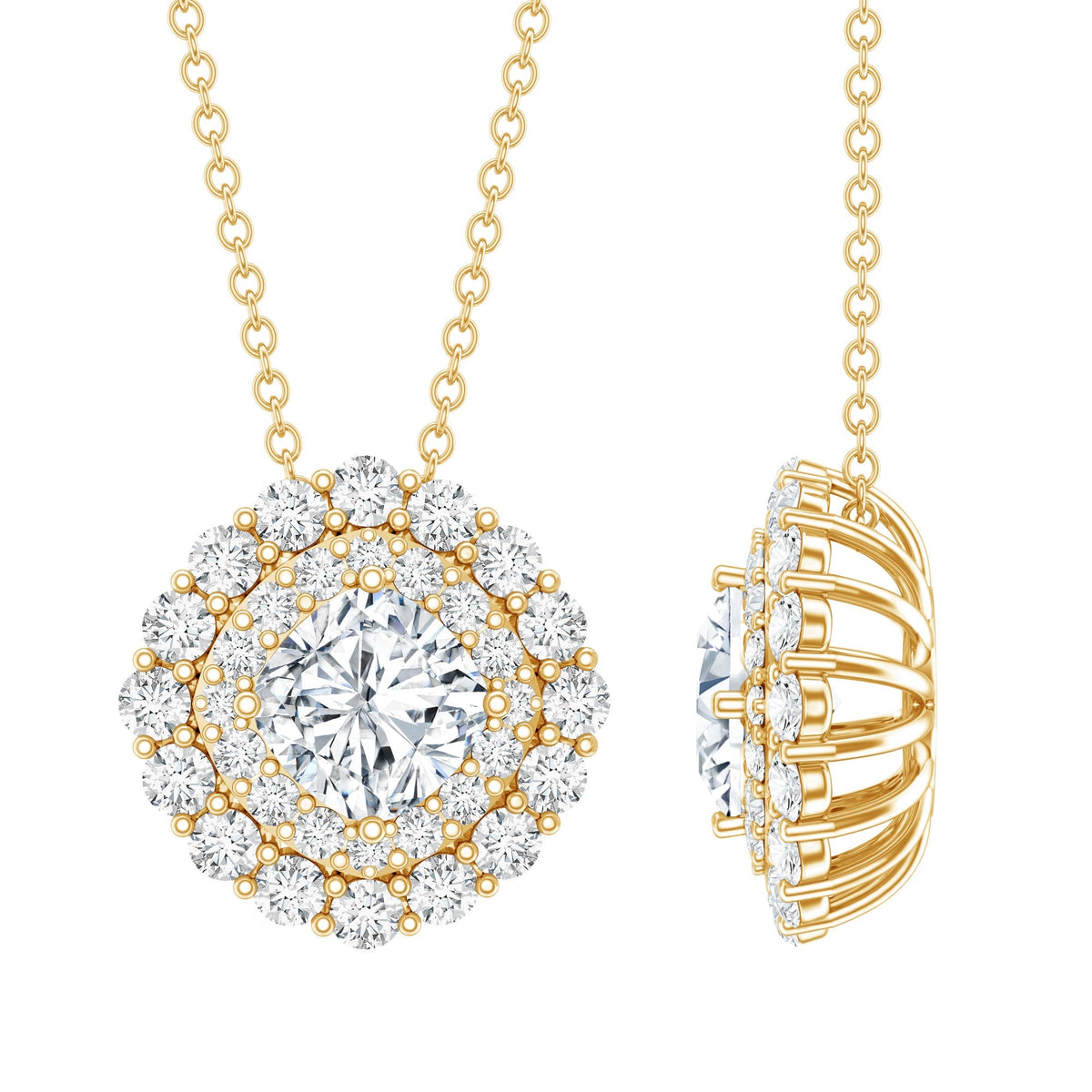 Lab Grown Diamond Necklace – Round Double Halo Bridal Pendant With Adjustable Chain