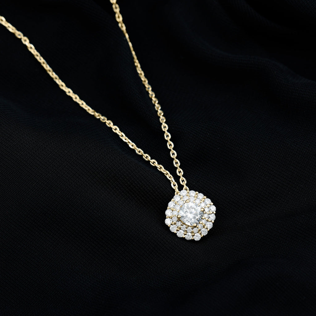 Lab Grown Diamond Necklace – Round Double Halo Bridal Pendant With Adjustable Chain