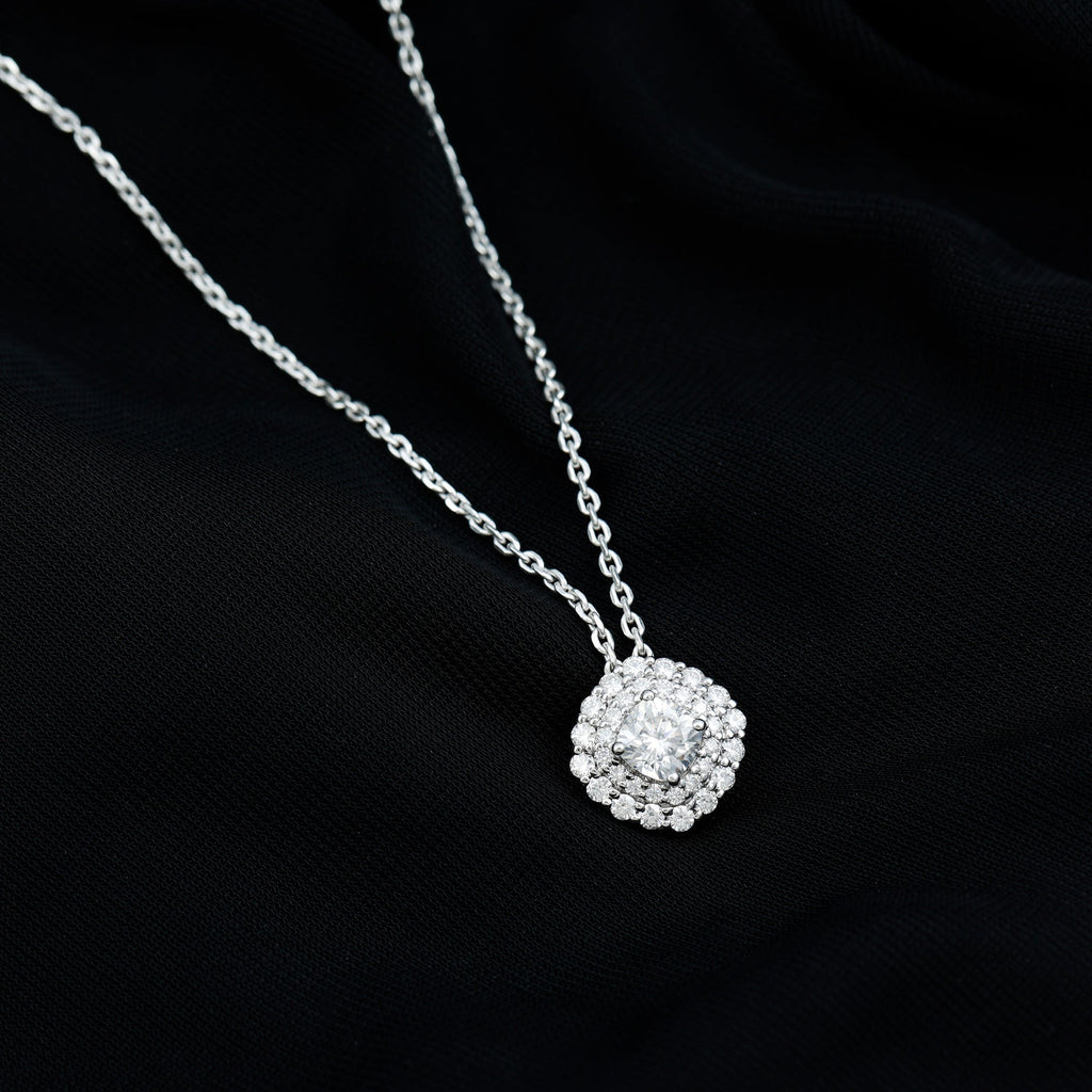 Lab Grown Diamond Necklace – Round Double Halo Bridal Pendant With Adjustable Chain