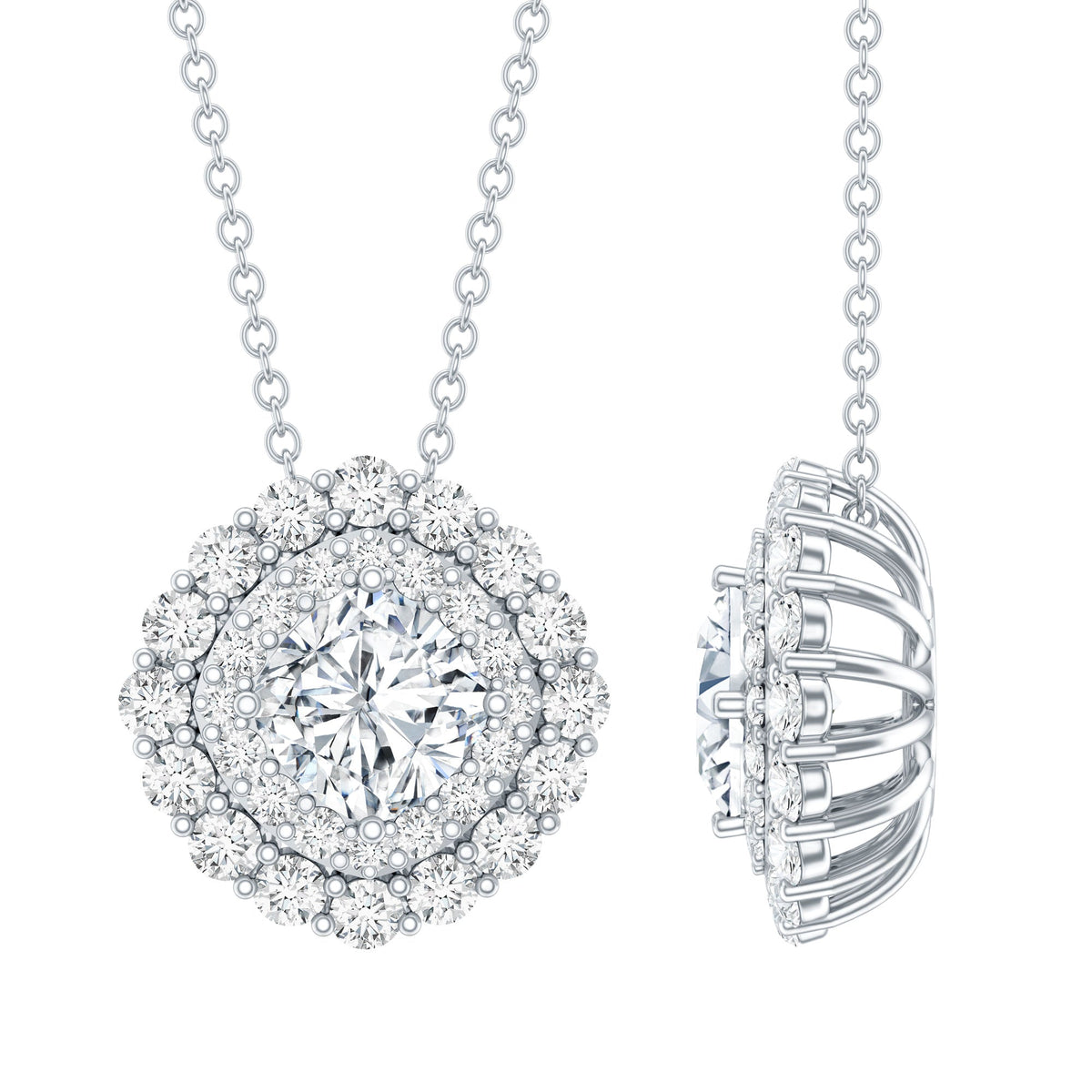 Lab Grown Diamond Necklace – Round Double Halo Bridal Pendant With Adjustable Chain