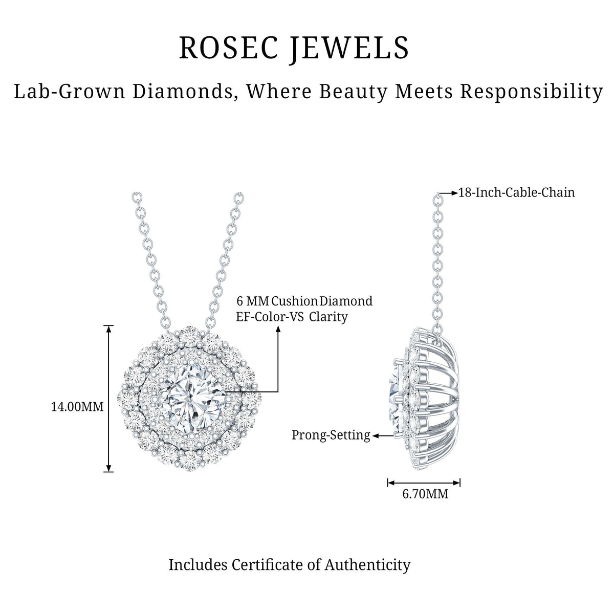 Lab Grown Diamond Necklace – Round Double Halo Bridal Pendant With Adjustable Chain