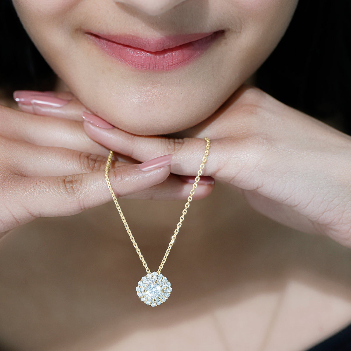 Lab Grown Diamond Necklace – Round Double Halo Bridal Pendant With Adjustable Chain