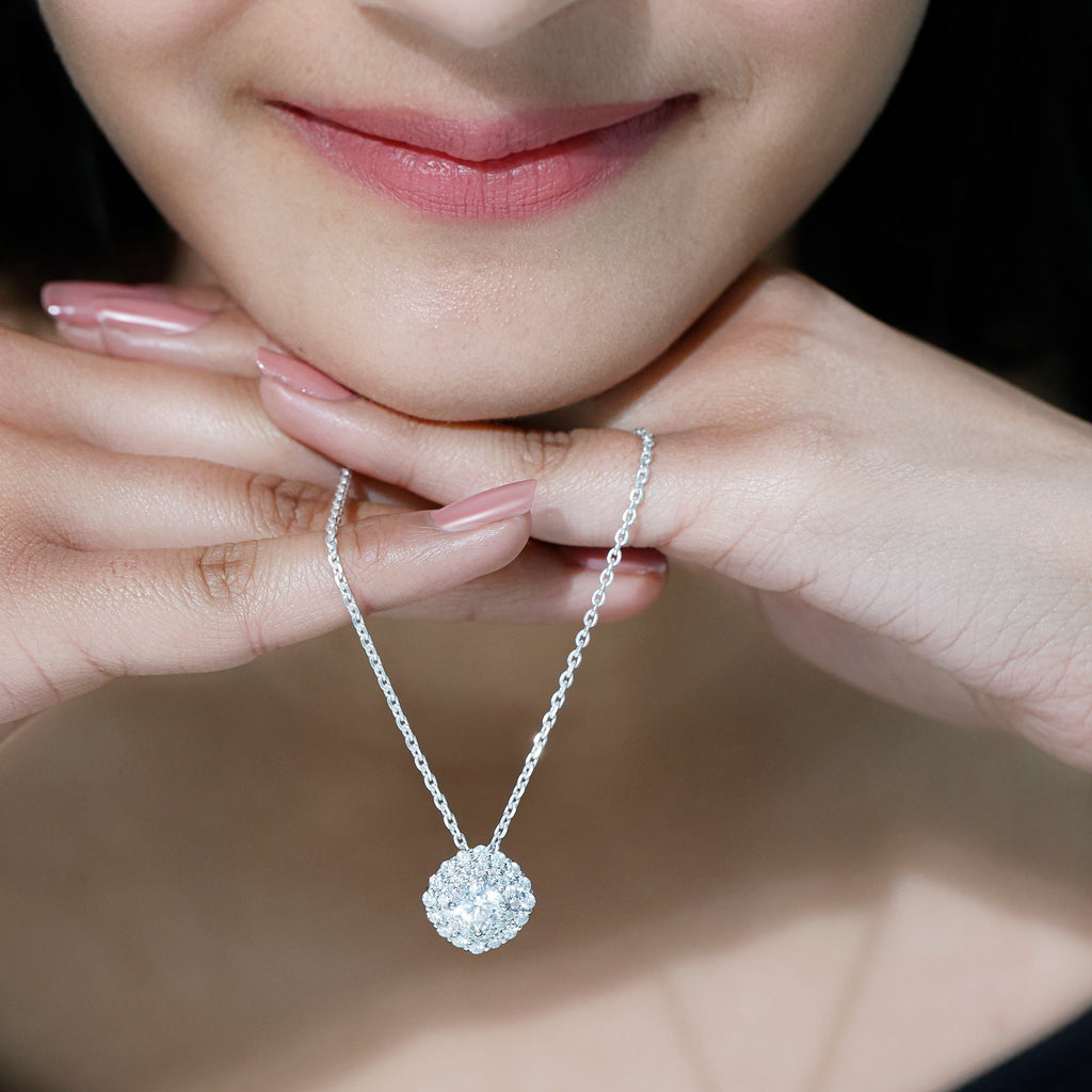 Lab Grown Diamond Necklace – Round Double Halo Bridal Pendant With Adjustable Chain