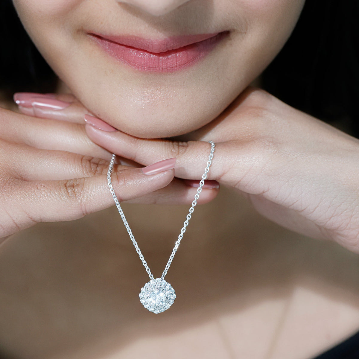 Lab Grown Diamond Necklace – Round Double Halo Bridal Pendant With Adjustable Chain