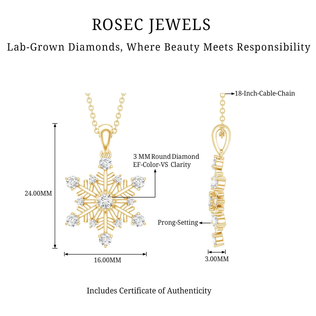 Lab Grown Diamond Necklace – Snowflake Pendant Jewelry with Round Cut Diamonds