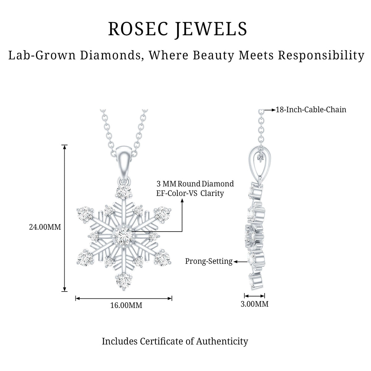 Lab Grown Diamond Necklace – Snowflake Pendant Jewelry with Round Cut Diamonds