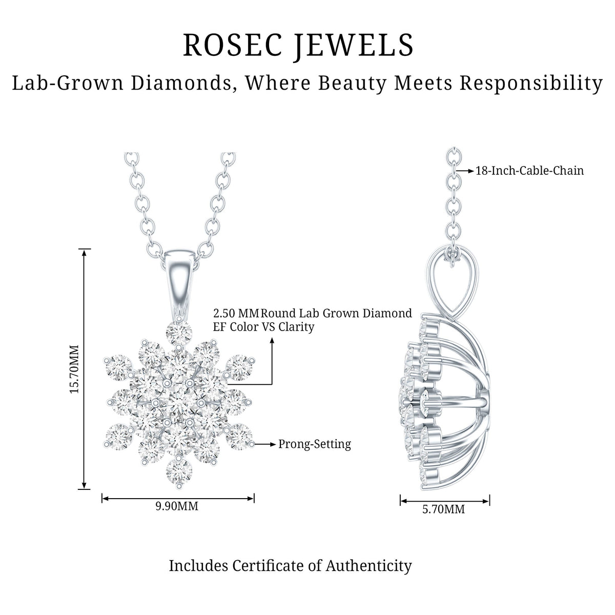 Lab Grown Diamond Necklace – Snowflake Pendant With Certified Round Cut Diamonds