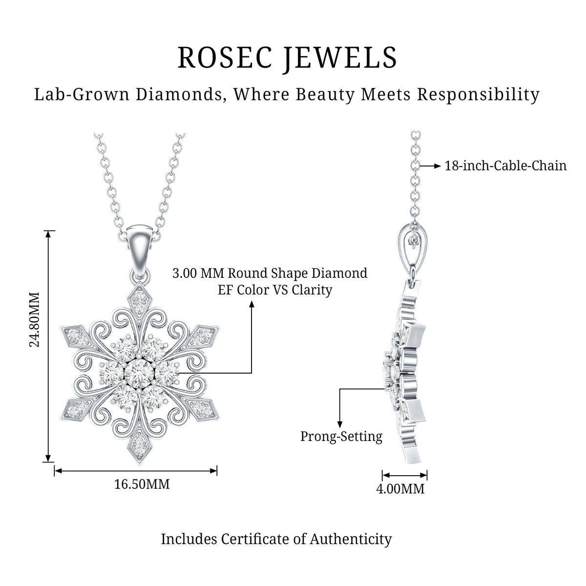 Lab Grown Diamond Necklace – Snowflake Pendant With Round Cut Diamonds & Fine Chain