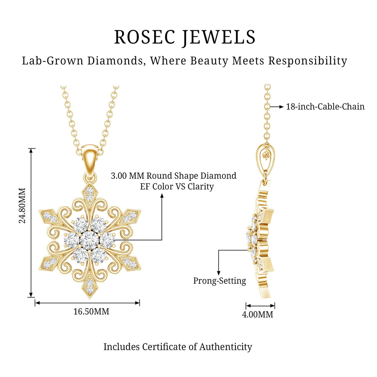Lab Grown Diamond Necklace – Snowflake Pendant With Round Cut Diamonds & Fine Chain