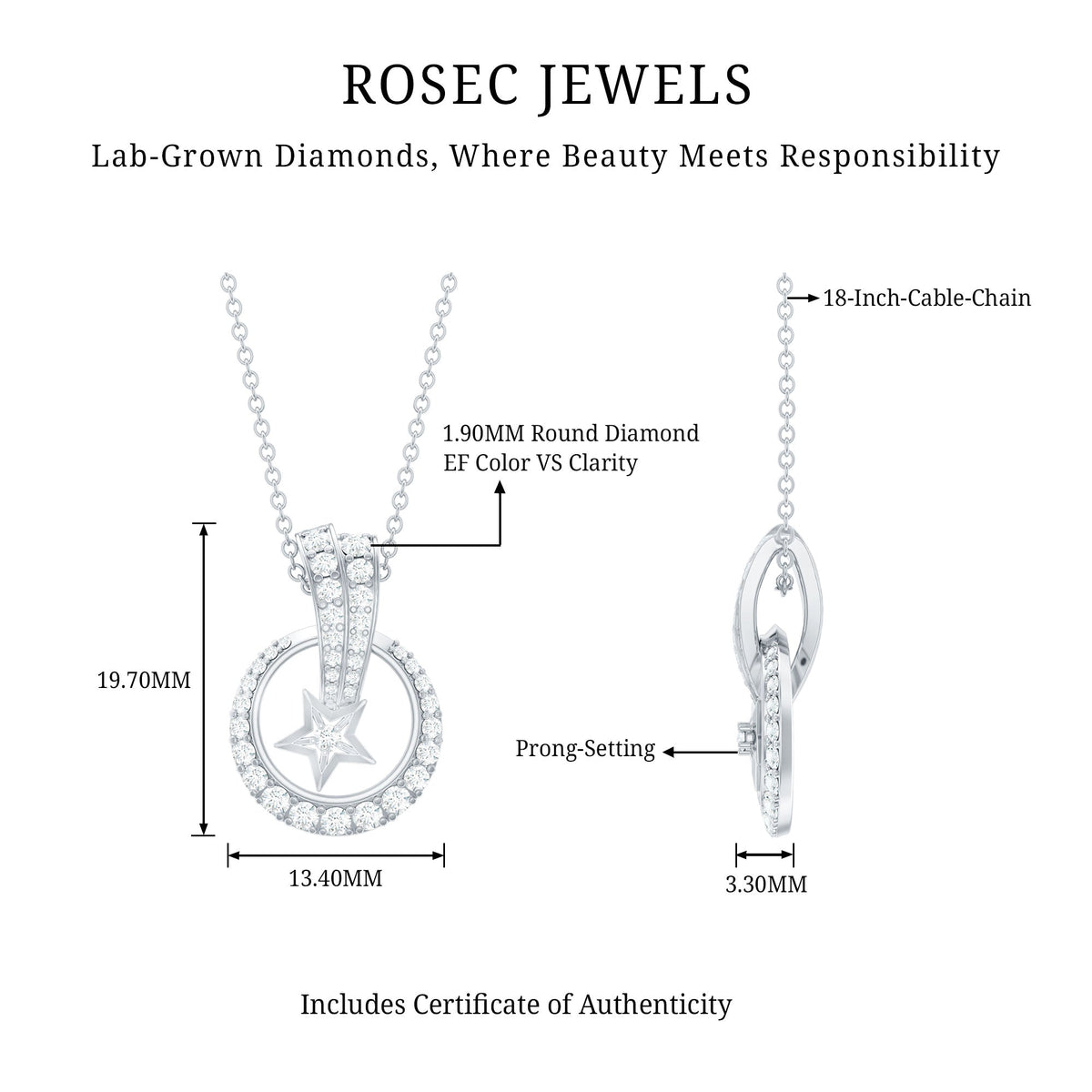 Lab Grown Diamond Necklace - Star Circle Pendant With Hidden Bail Detail