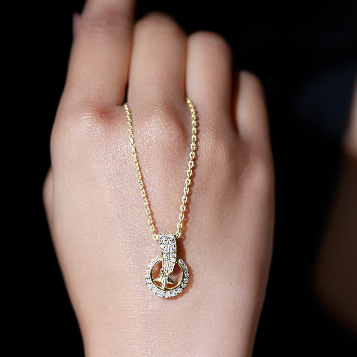Lab Grown Diamond Necklace - Star Circle Pendant With Hidden Bail Detail