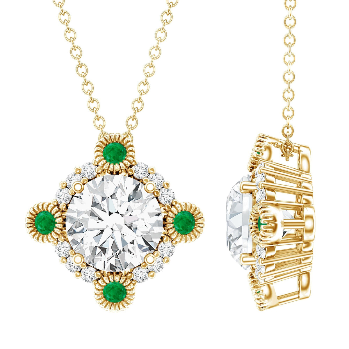 Lab Grown Diamond Necklace - Vintage Art Deco Emerald Pendant Bridal Jewelry