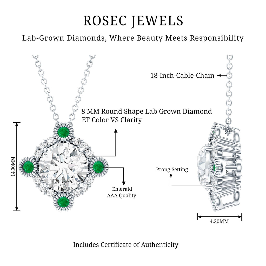 Lab Grown Diamond Necklace - Vintage Art Deco Emerald Pendant Bridal Jewelry