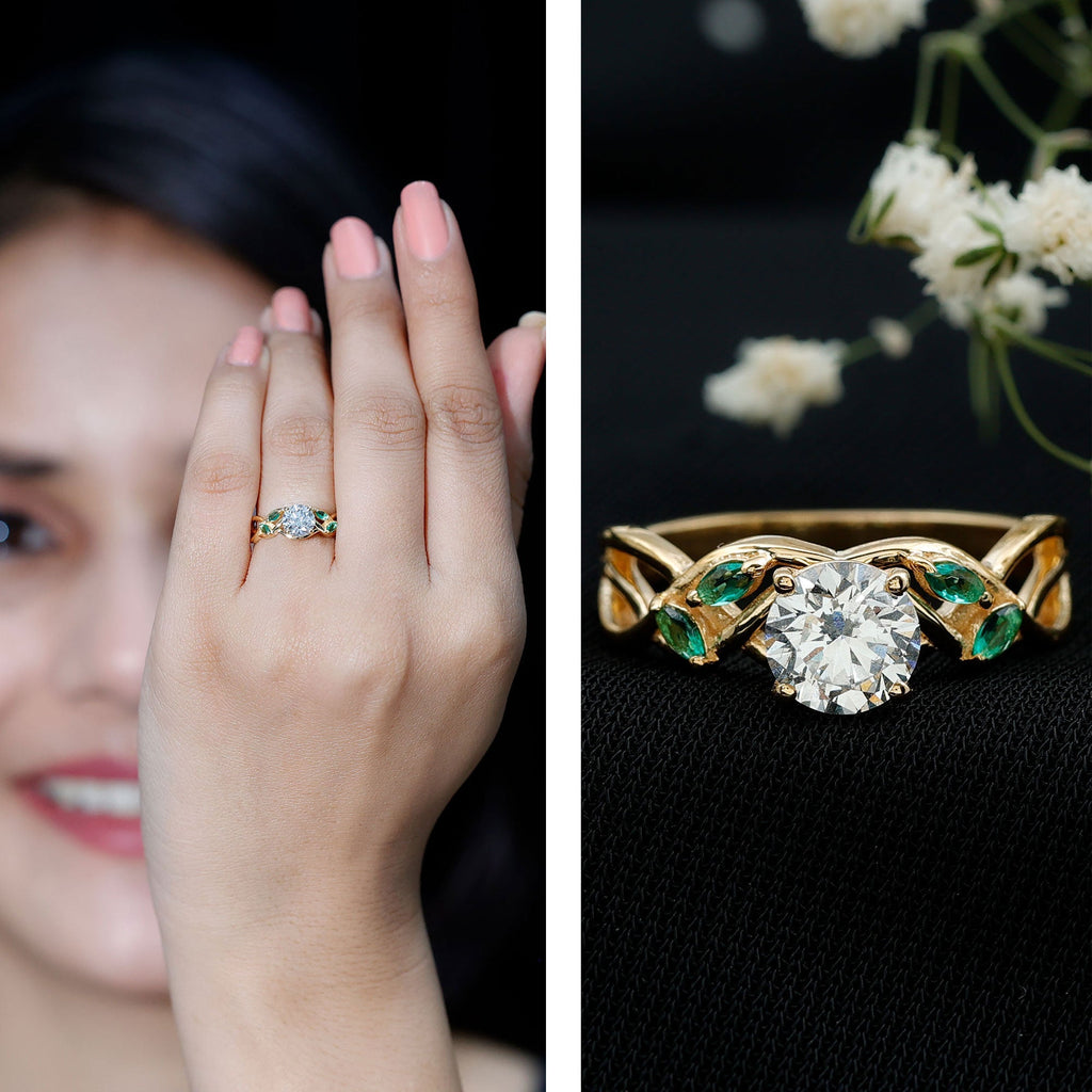 Lab Grown Diamond Ring – 1 Carat Round Cut Engagement Ring With Marquise Emerald