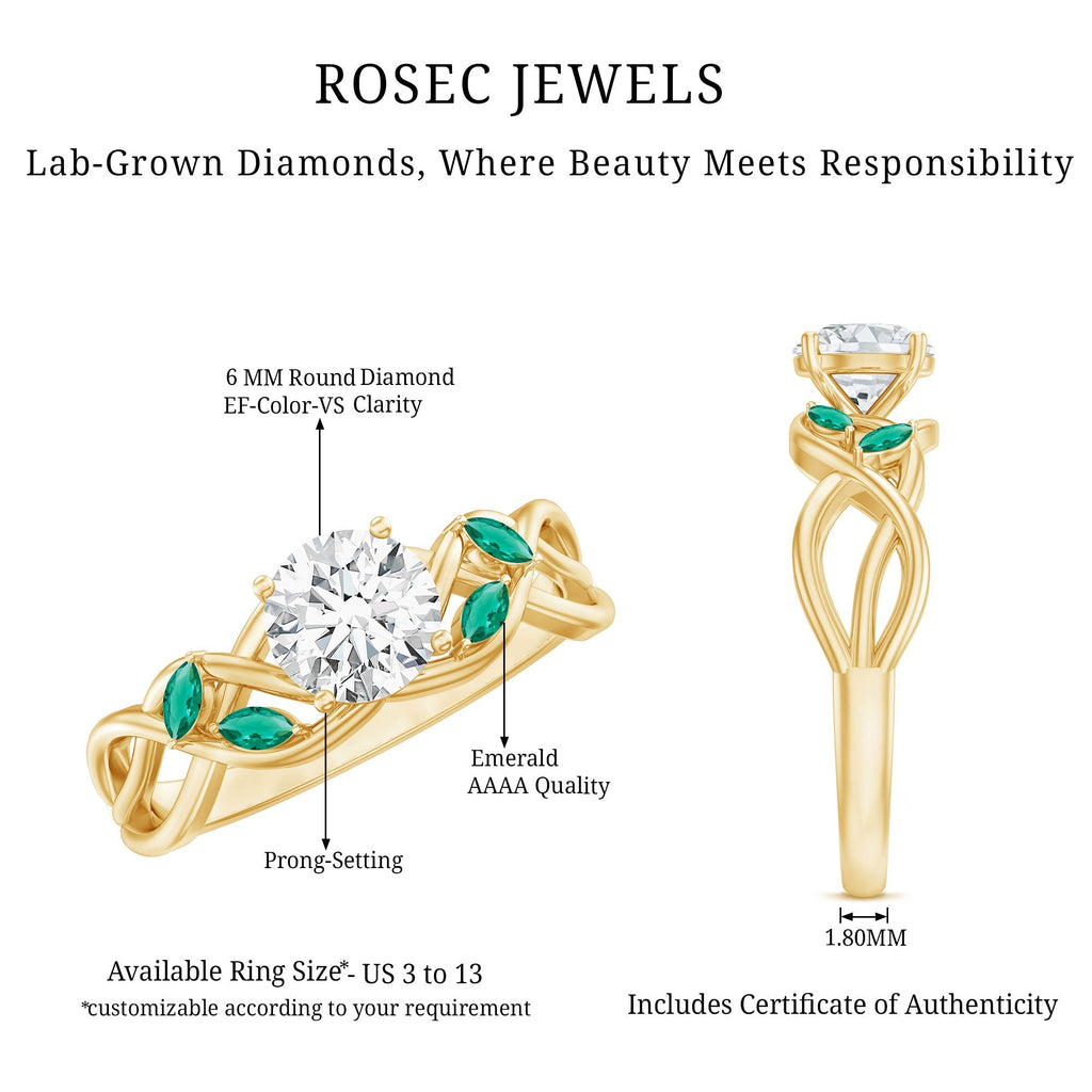 Lab Grown Diamond Ring – 1 Carat Round Cut Engagement Ring With Marquise Emerald