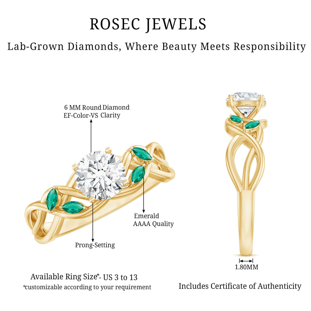 Lab Grown Diamond Ring – 1 Carat Round Cut Engagement Ring With Marquise Emerald