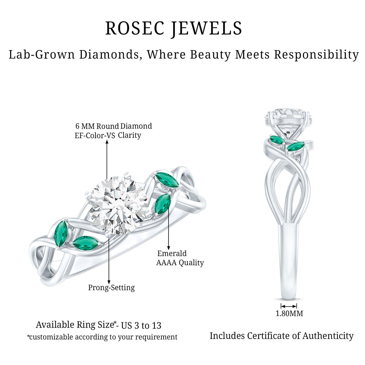 Lab Grown Diamond Ring – 1 Carat Round Cut Engagement Ring With Marquise Emerald