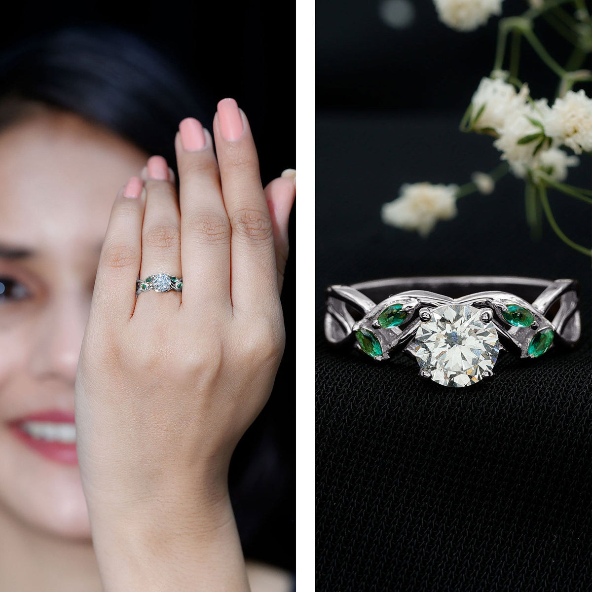 Lab Grown Diamond Ring – 1 Carat Round Cut Engagement Ring With Marquise Emerald