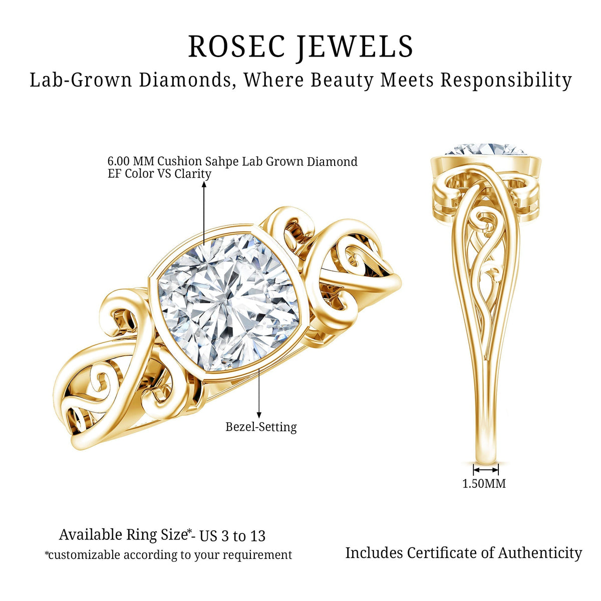 Lab Grown Diamond Ring – 1.7 Carat Cushion Cut Solitaire Bezel Setting Vintage Design